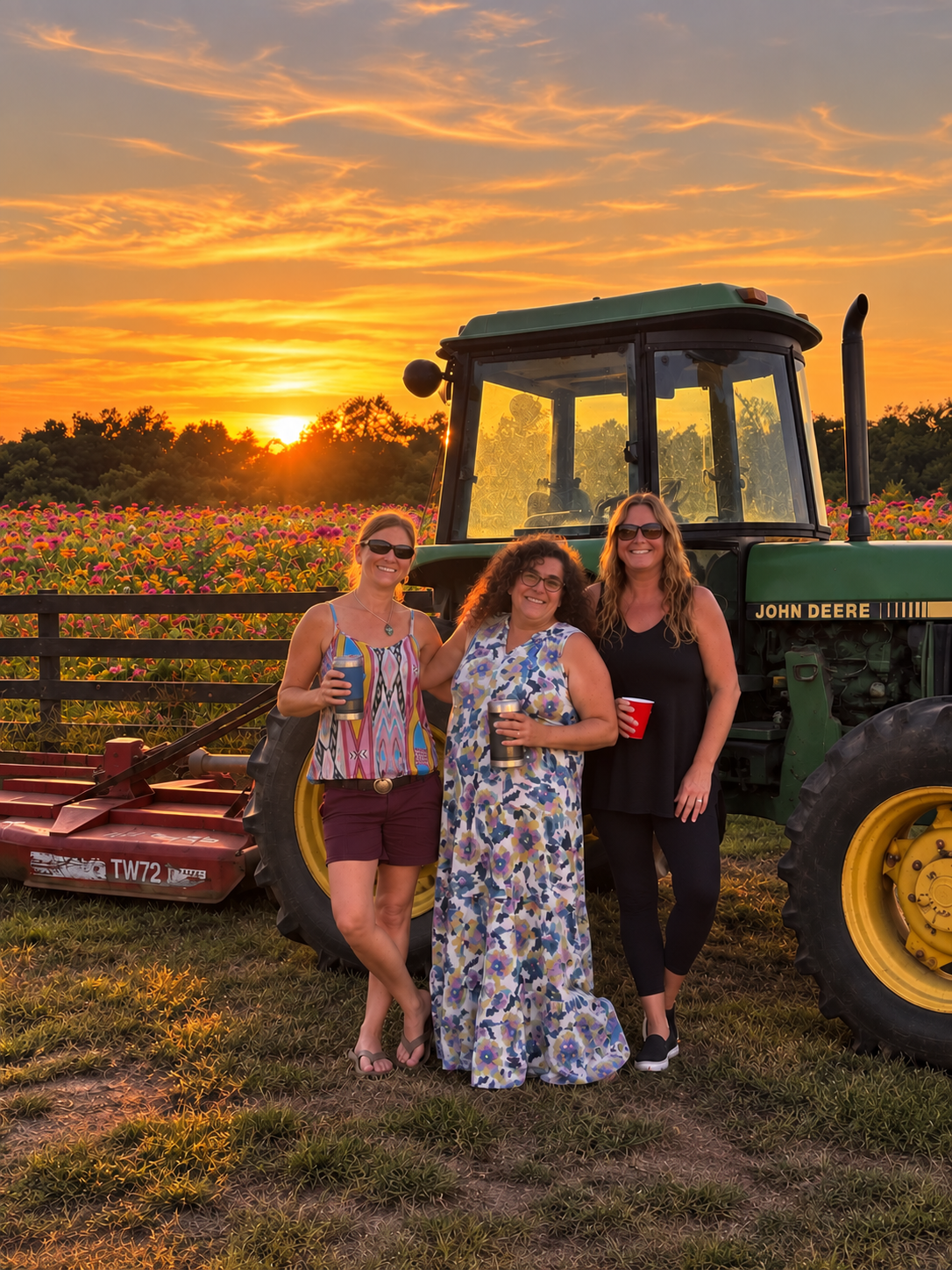 Three women smiling in front of a John Deere tractor at sunset among the farm flowers